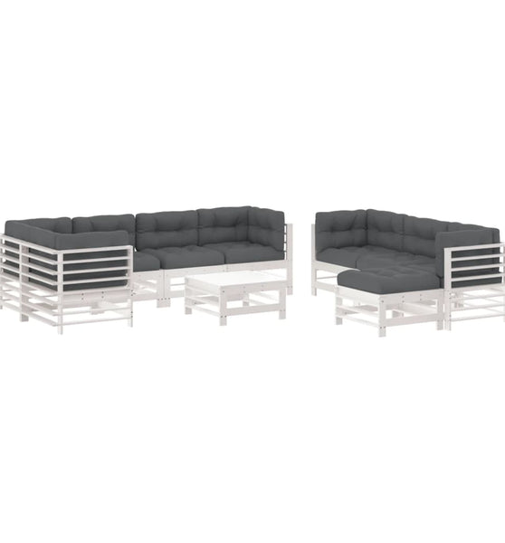 10-tlg. Garten-Lounge-Set mit Kissen Weiß Massivholz