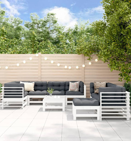 10-tlg. Garten-Lounge-Set mit Kissen Weiß Massivholz