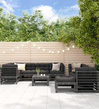 10-tlg. Garten-Lounge-Set mit Kissen Grau Massivholz