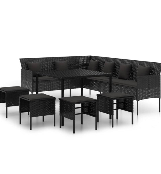 6-tlg. Garten-Essgruppe mit Kissen Schwarz Poly Rattan