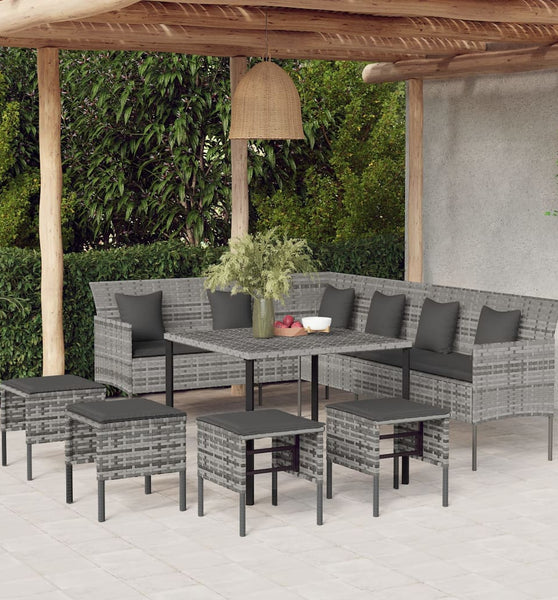 6-tlg. Garten-Essgruppe mit Kissen Grau Poly Rattan