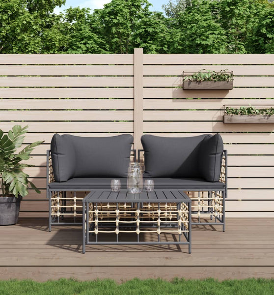 3-tlg. Garten-Lounge-Set mit Kissen Anthrazit Poly Rattan