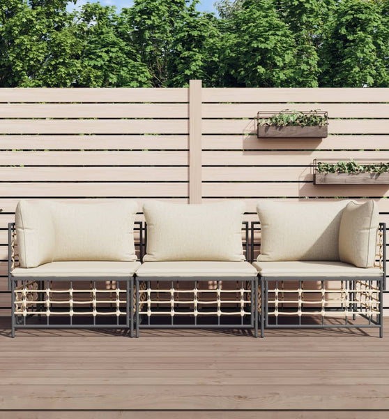 3-tlg. Garten-Lounge-Set mit Kissen Anthrazit Poly Rattan