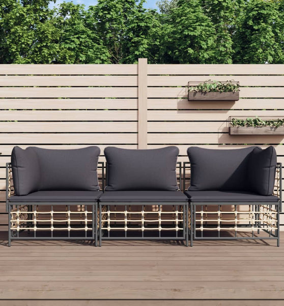 3-tlg. Garten-Lounge-Set mit Kissen Anthrazit Poly Rattan