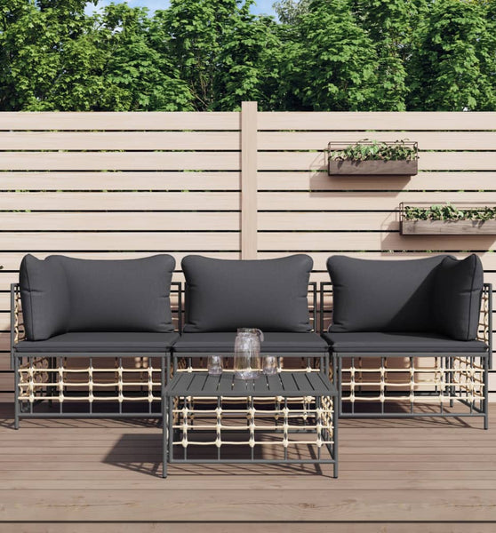 4-tlg. Garten-Lounge-Set mit Kissen Anthrazit Poly Rattan