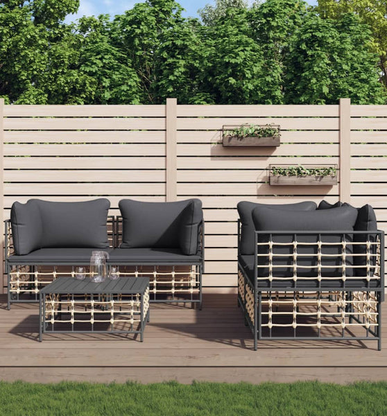 5-tlg. Garten-Lounge-Set mit Kissen Anthrazit Poly Rattan