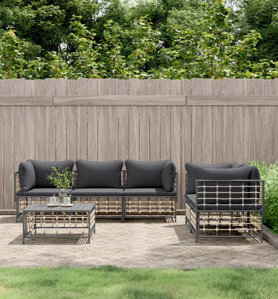 6-tlg. Garten-Lounge-Set mit Kissen Anthrazit Poly Rattan