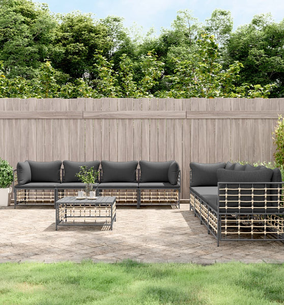 9-tlg. Garten-Lounge-Set mit Kissen Anthrazit Poly Rattan