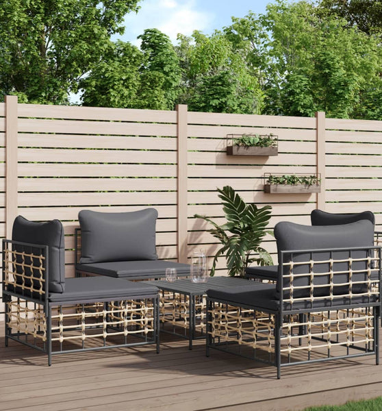 5-tlg. Garten-Lounge-Set mit Kissen Anthrazit Poly Rattan