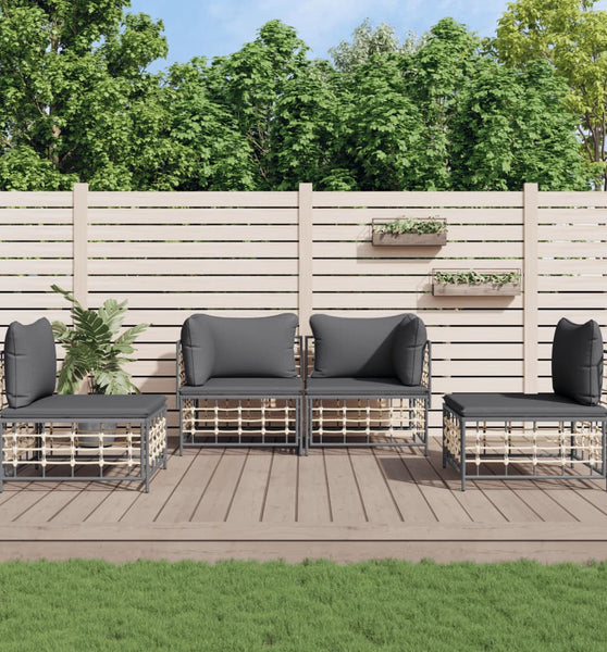 4-tlg. Garten-Lounge-Set mit Kissen Anthrazit Poly Rattan