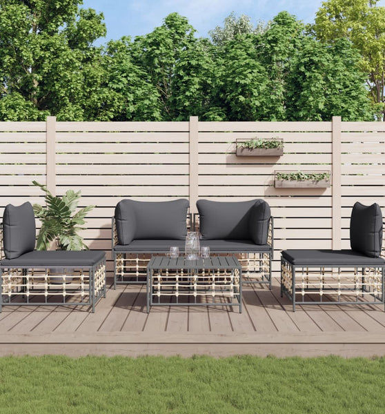 5-tlg. Garten-Lounge-Set mit Kissen Anthrazit Poly Rattan