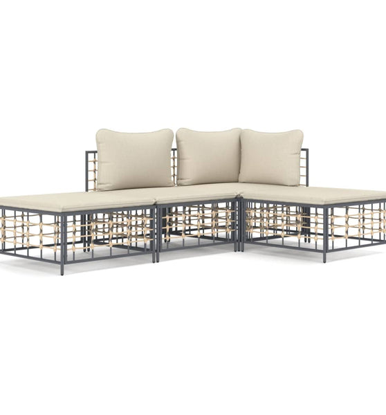 4-tlg. Garten-Lounge-Set mit Kissen Anthrazit Poly Rattan