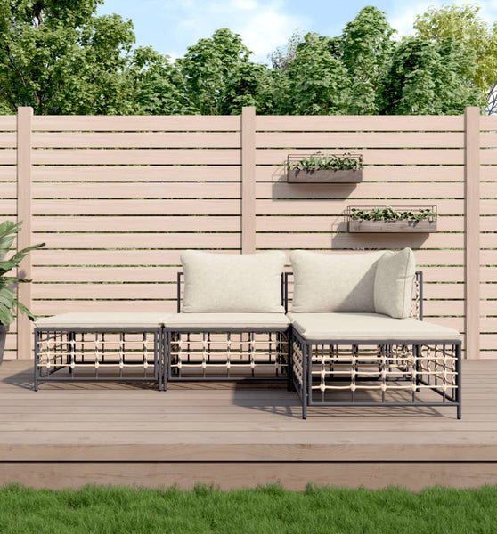 4-tlg. Garten-Lounge-Set mit Kissen Anthrazit Poly Rattan