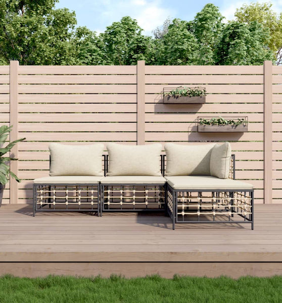 4-tlg. Garten-Lounge-Set mit Kissen Anthrazit Poly Rattan