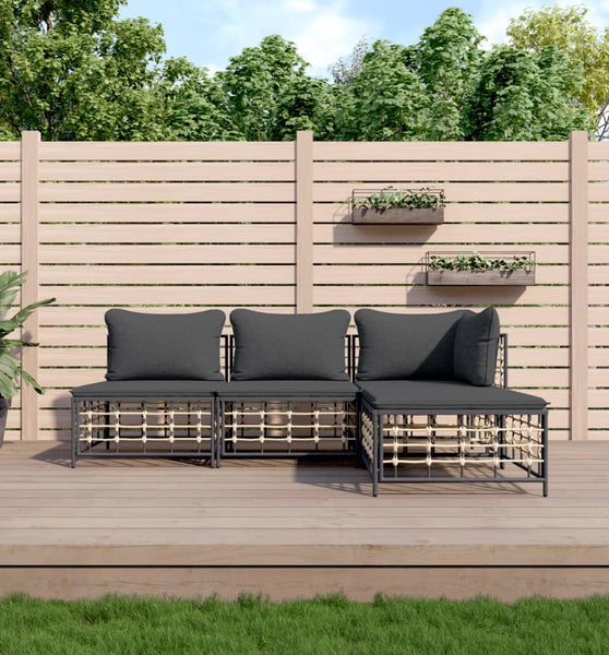 4-tlg. Garten-Lounge-Set mit Kissen Anthrazit Poly Rattan