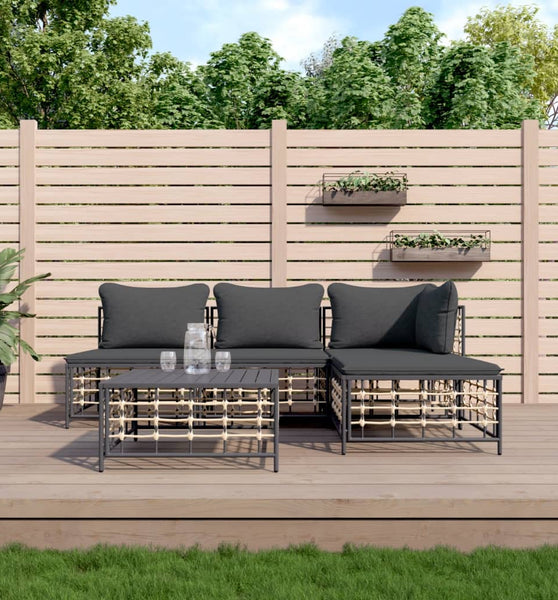 5-tlg. Garten-Lounge-Set mit Kissen Anthrazit Poly Rattan