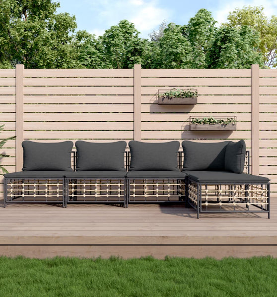 5-tlg. Garten-Lounge-Set mit Kissen Anthrazit Poly Rattan