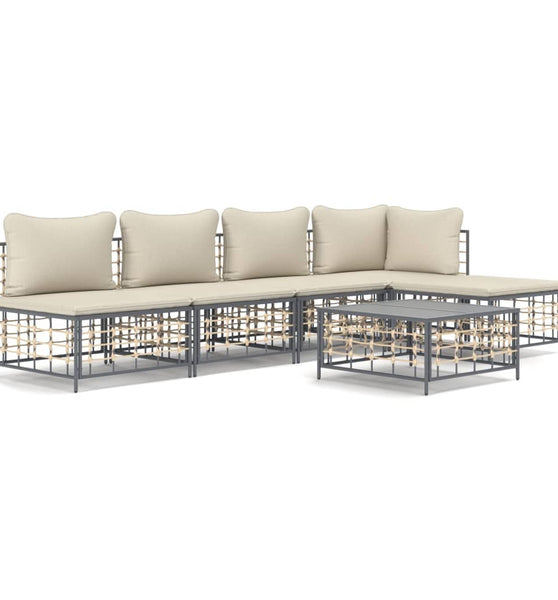 6-tlg. Garten-Lounge-Set mit Kissen Anthrazit Poly Rattan