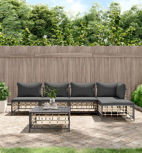 6-tlg. Garten-Lounge-Set mit Kissen Anthrazit Poly Rattan