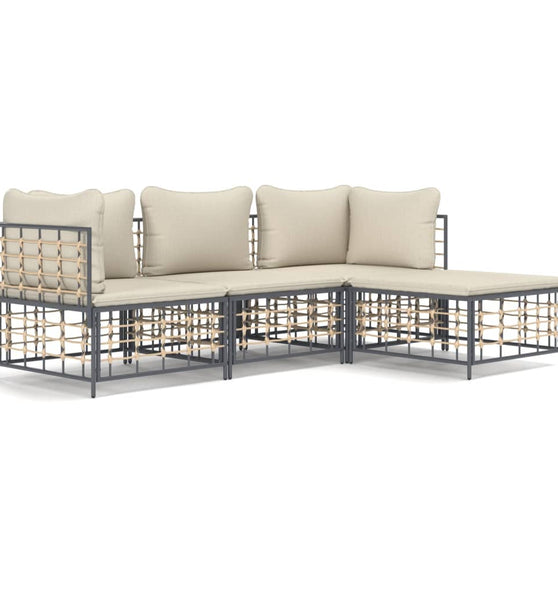 4-tlg. Garten-Lounge-Set mit Kissen Anthrazit Poly Rattan