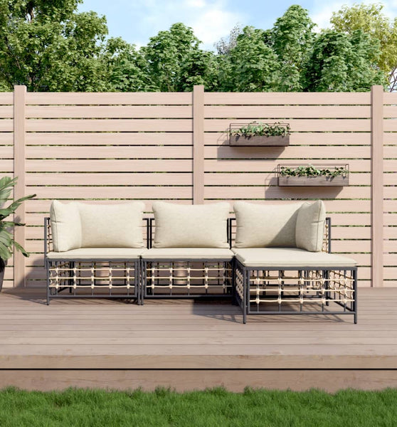 4-tlg. Garten-Lounge-Set mit Kissen Anthrazit Poly Rattan