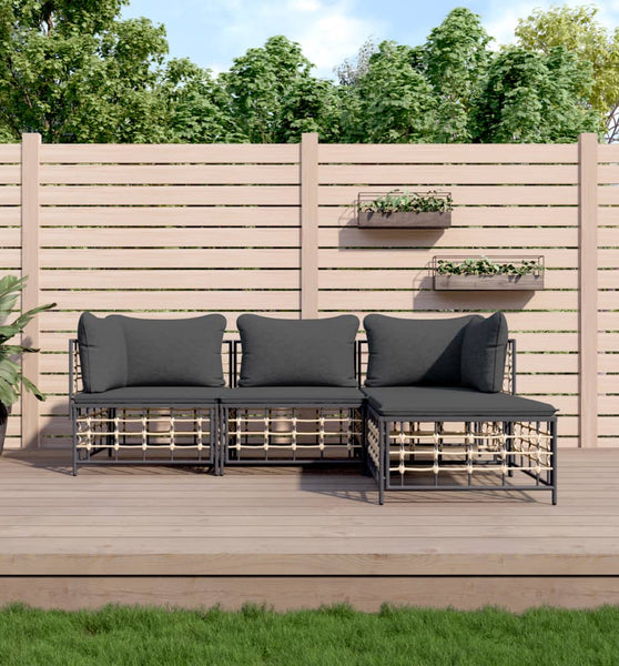 4-tlg. Garten-Lounge-Set mit Kissen Anthrazit Poly Rattan