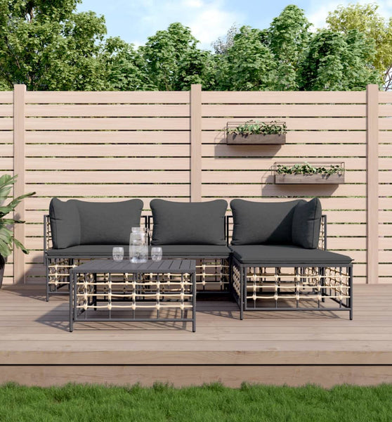 4-tlg. Garten-Lounge-Set mit Kissen Anthrazit Poly Rattan