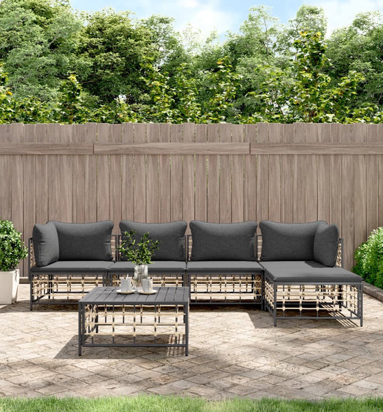 6-tlg. Garten-Lounge-Set mit Kissen Anthrazit Poly Rattan