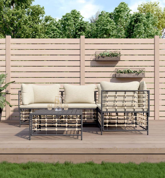 5-tlg. Garten-Lounge-Set mit Kissen Anthrazit Poly Rattan