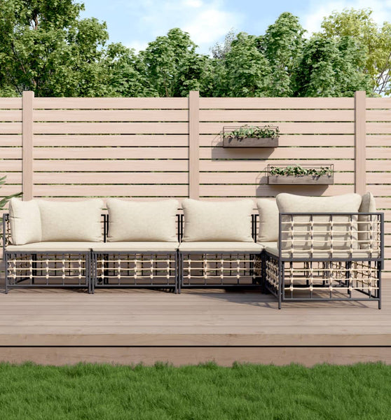 5-tlg. Garten-Lounge-Set mit Kissen Anthrazit Poly Rattan