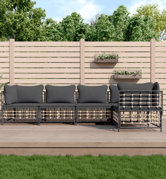 5-tlg. Garten-Lounge-Set mit Kissen Anthrazit Poly Rattan