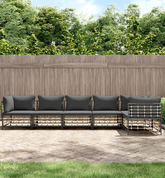 6-tlg. Garten-Lounge-Set mit Kissen Anthrazit Poly Rattan