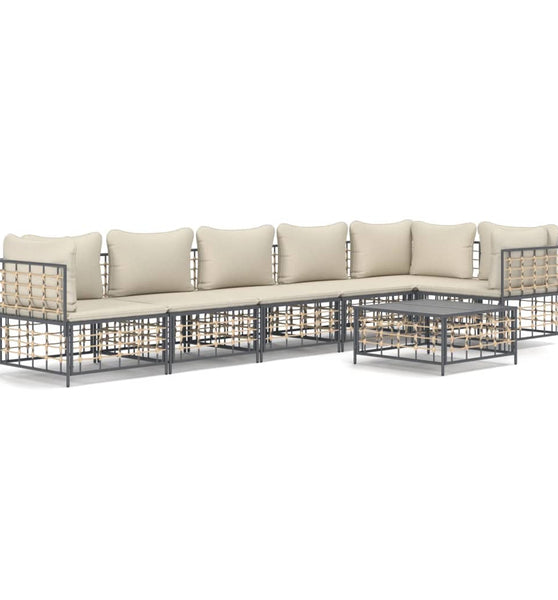 7-tlg. Garten-Lounge-Set mit Kissen Anthrazit Poly Rattan