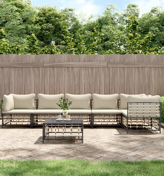 7-tlg. Garten-Lounge-Set mit Kissen Anthrazit Poly Rattan