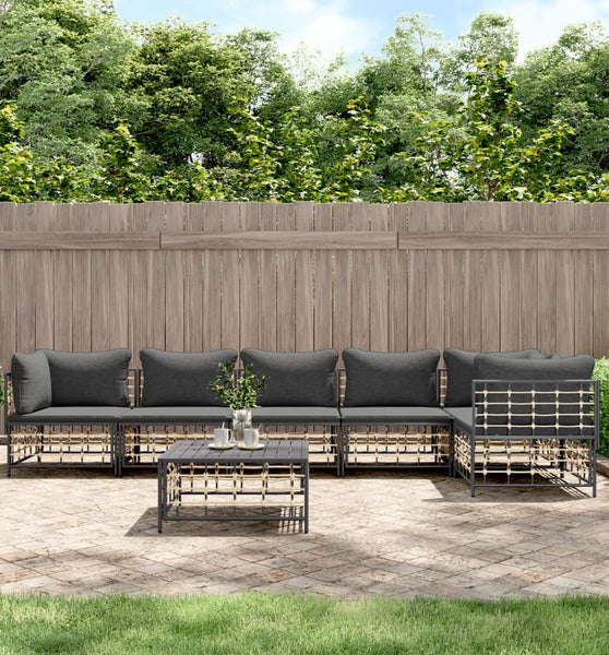 7-tlg. Garten-Lounge-Set mit Kissen Anthrazit Poly Rattan