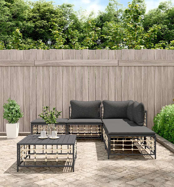 6-tlg. Garten-Lounge-Set mit Kissen Anthrazit Poly Rattan