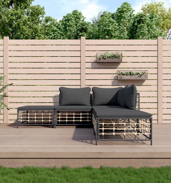 5-tlg. Garten-Lounge-Set mit Kissen Anthrazit Poly Rattan