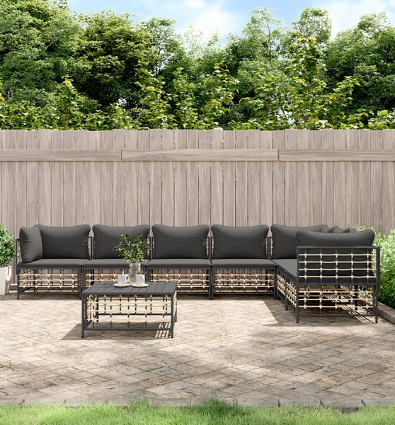 8-tlg. Garten-Lounge-Set mit Kissen Anthrazit Poly Rattan