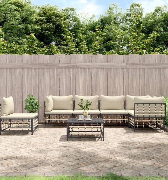 7-tlg. Garten-Lounge-Set mit Kissen Anthrazit Poly Rattan