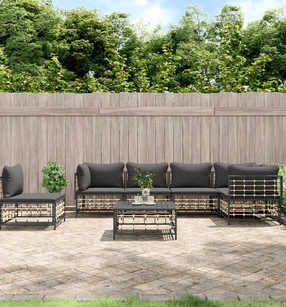 7-tlg. Garten-Lounge-Set mit Kissen Anthrazit Poly Rattan