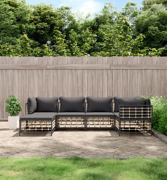 6-tlg. Garten-Lounge-Set mit Kissen Anthrazit Poly Rattan