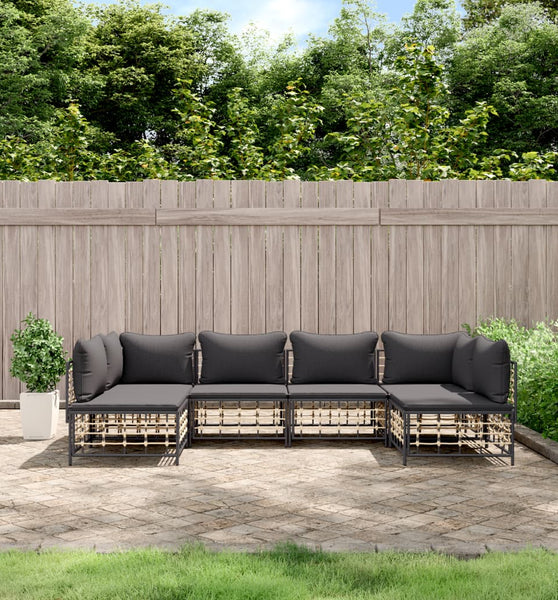 6-tlg. Garten-Lounge-Set mit Kissen Anthrazit Poly Rattan