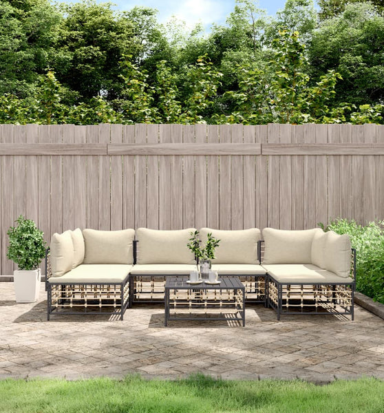 7-tlg. Garten-Lounge-Set mit Kissen Anthrazit Poly Rattan