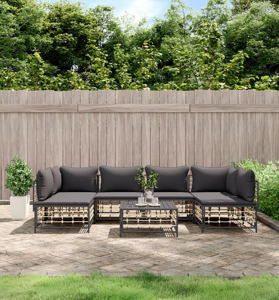 7-tlg. Garten-Lounge-Set mit Kissen Anthrazit Poly Rattan