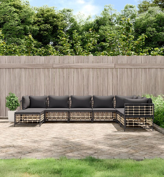 8-tlg. Garten-Lounge-Set mit Kissen Anthrazit Poly Rattan