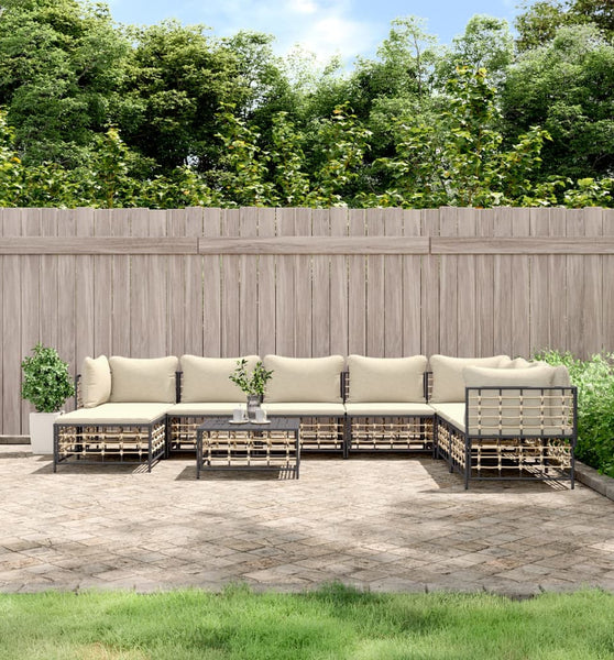 9-tlg. Garten-Lounge-Set mit Kissen Anthrazit Poly Rattan