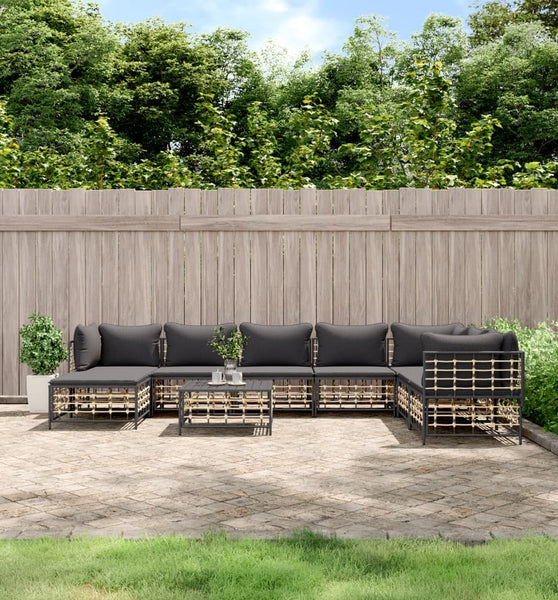 9-tlg. Garten-Lounge-Set mit Kissen Anthrazit Poly Rattan