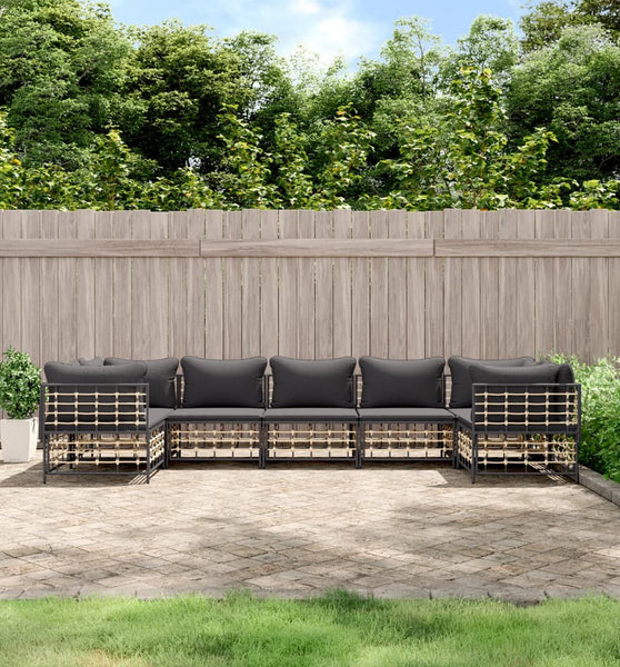 7-tlg. Garten-Lounge-Set mit Kissen Anthrazit Poly Rattan