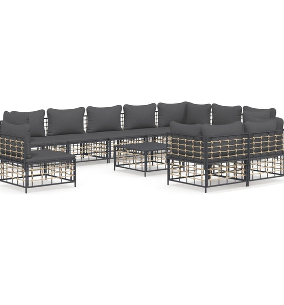 11-tlg. Garten-Lounge-Set mit Kissen Anthrazit Poly Rattan