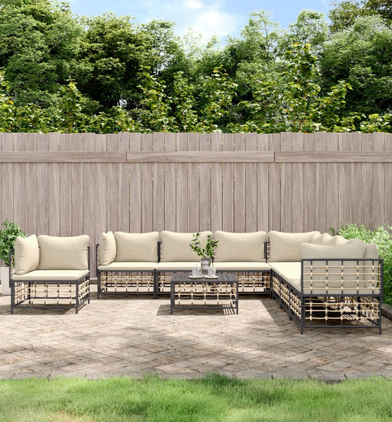 9-tlg. Garten-Lounge-Set mit Kissen Anthrazit Poly Rattan